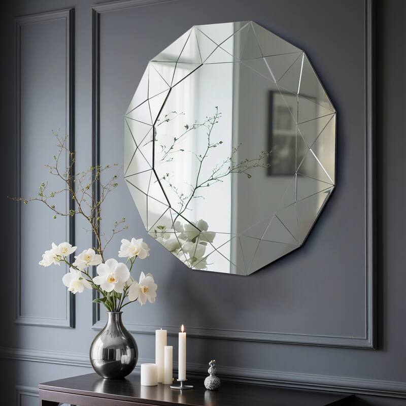 Avelia Modern Round Wall Mirror 39 Inch Geometric Beveled Glass with MDF Back - Silver/Chrome - Dia.39"*H1.2"