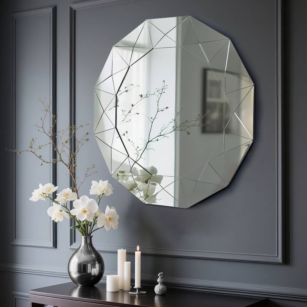 Avelia Modern Round Wall Mirror 39 Inch Geometric Beveled Glass with MDF Back - Silver/Chrome - Dia.39"*H1.2"