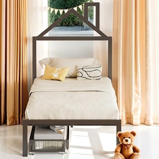 Twin Size House Shaped Metal Platform Bed with Drawers