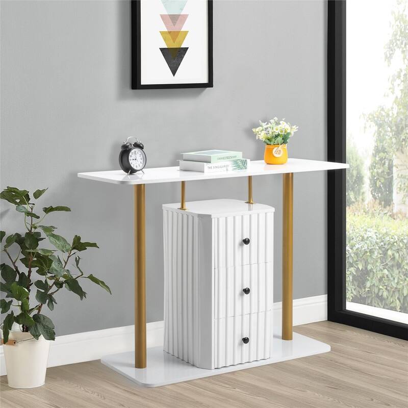 Modern Metal Frame Sofa Console Table, Entryway Table with 3 Drawers White - White and Gold
