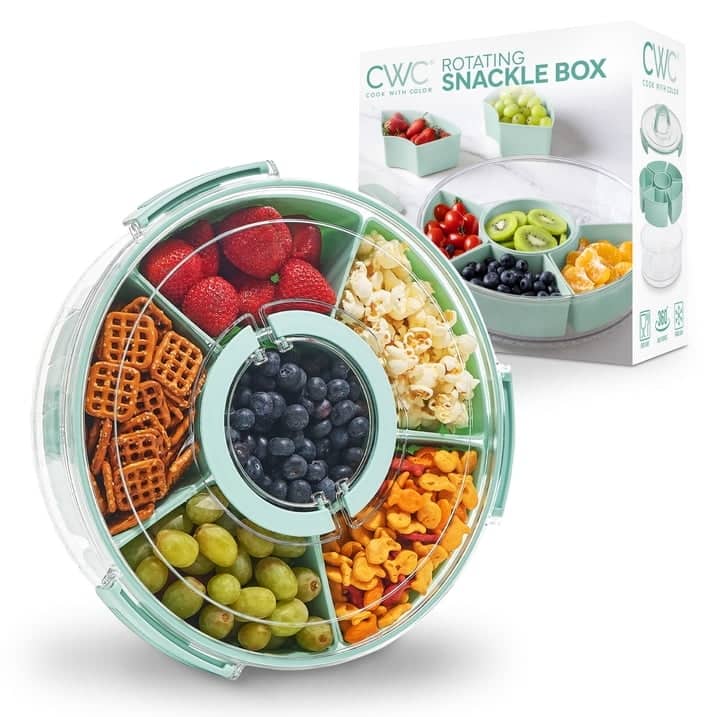 COOK WITH COLOR Round Snackle Box – 6-Compartment Serving Tray with Lid and Handle,Kids Lunch Box & Meal Prep Snack Container