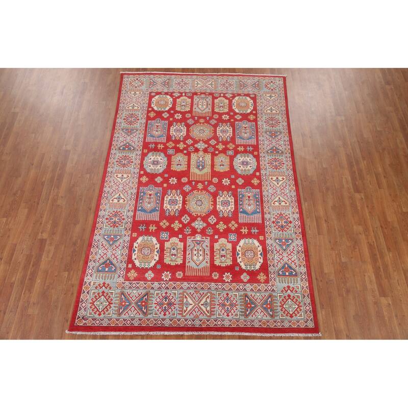 Hand Knotted Oriental 100% Wool Carpet Traditional Geometric Red Kazak Area Rug - 9' 8'' X 6' 4''