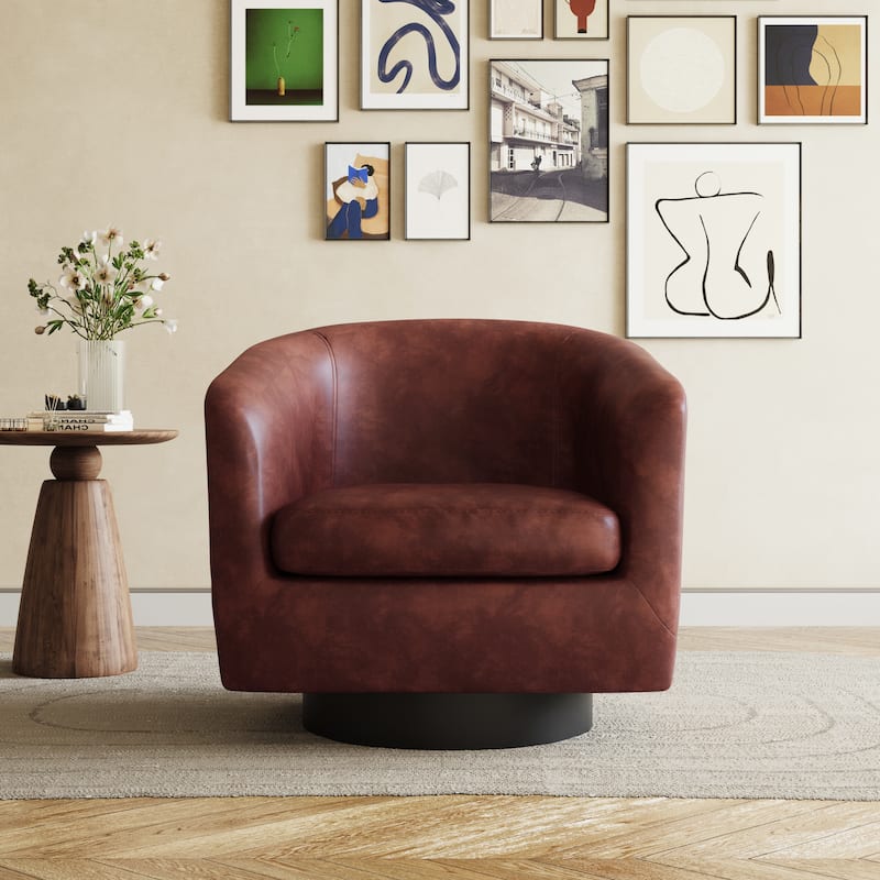 Faux Leather Accent Barrel Chair with Swivel Base - One piece - Red Brown