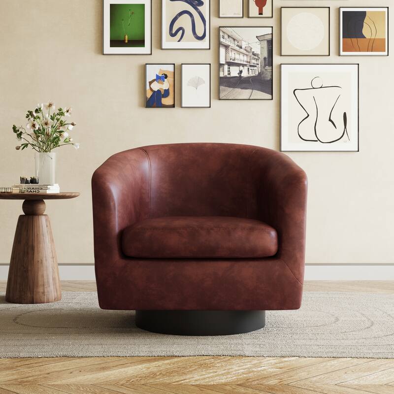 Modern 360°Swivel Accent Chairs Barrel Armchairs - Large: 31.1"W x 29.13"D x 29.13"H - PU Leather-Red Brown-Large