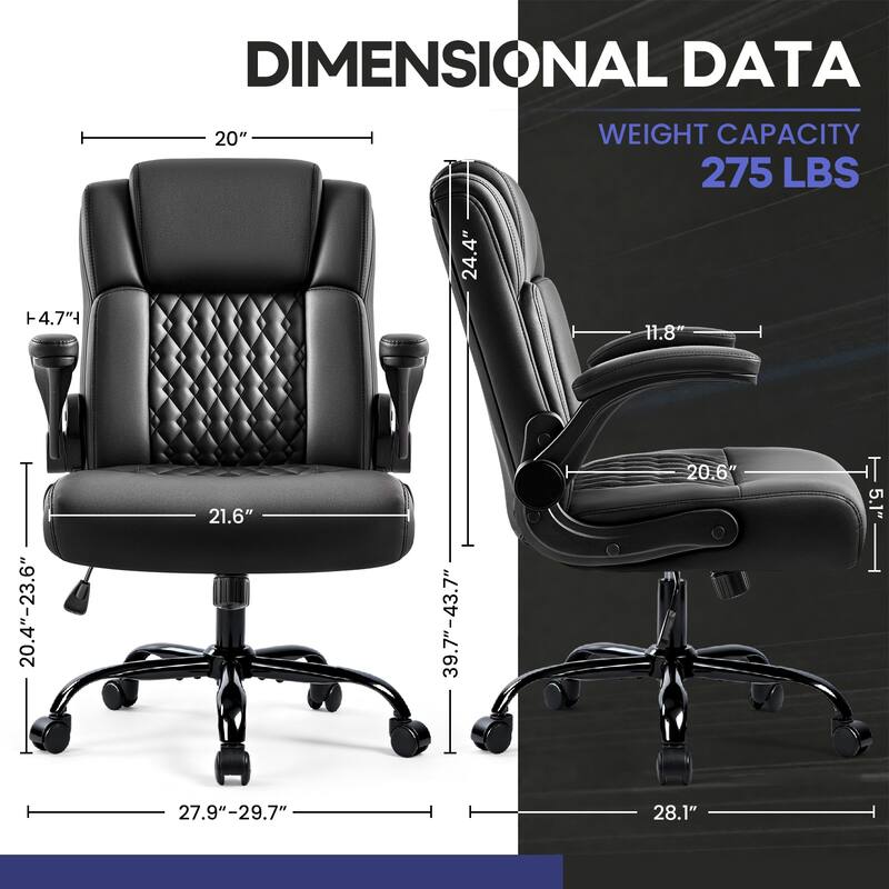 BOSSIN Office Chair, Ergonomic High-Back PU Leather Desk Chair with Adjustable Armrests & 360-Swivel for Petite Users, Black