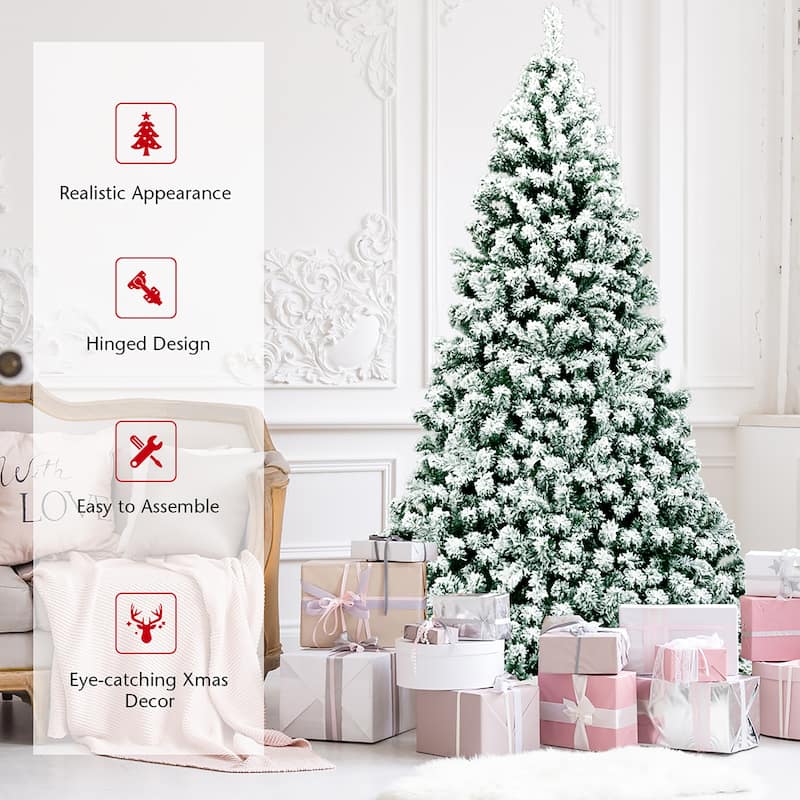 Costway 7.5Ft Pre-Lit Premium Snow Flocked Hinged Artificial Christmas - 7.5 FT