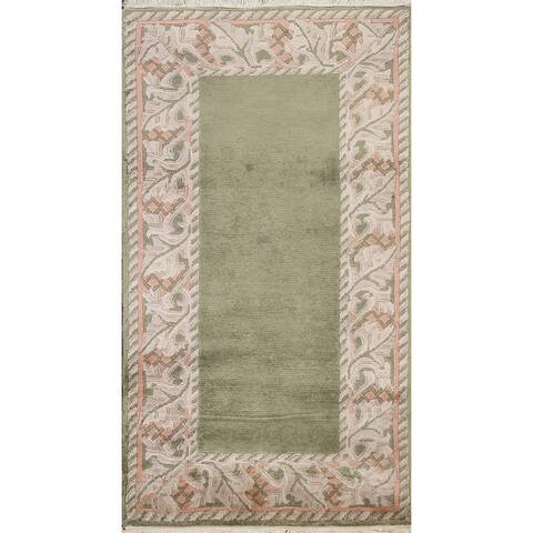 Green Wool Nepalese Oriental Small Rug Hand-knotted Bordered Carpet - 2'1" x 3'10"