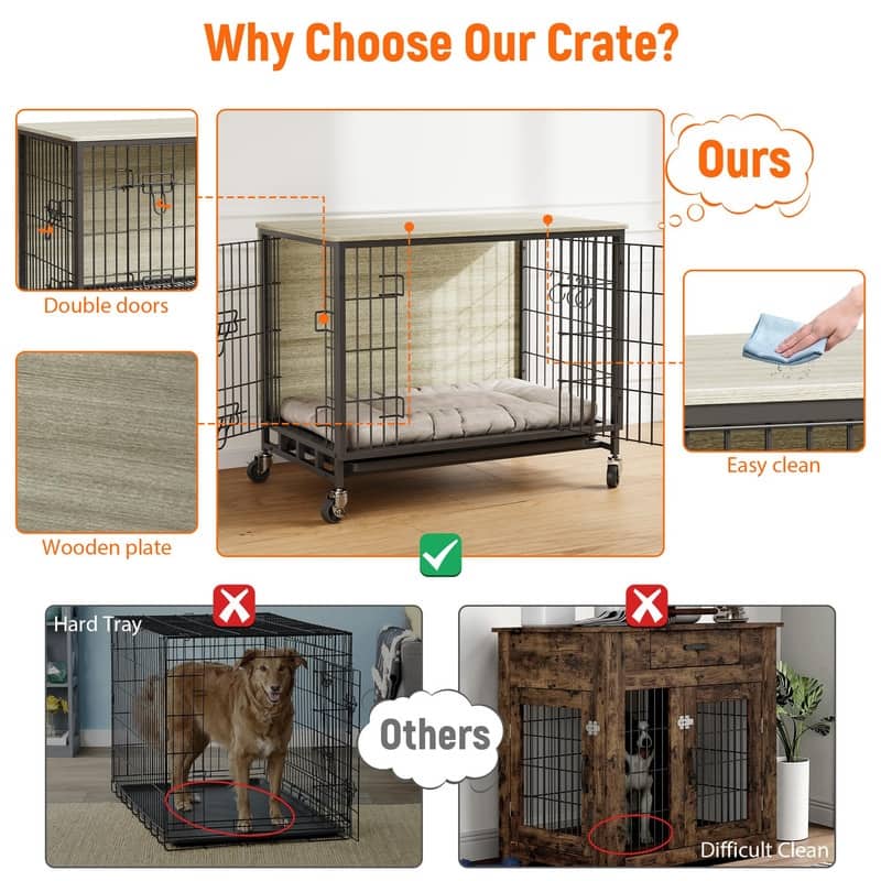 Dogs Kennel Crate Furniture with Removable Tray and Wheels