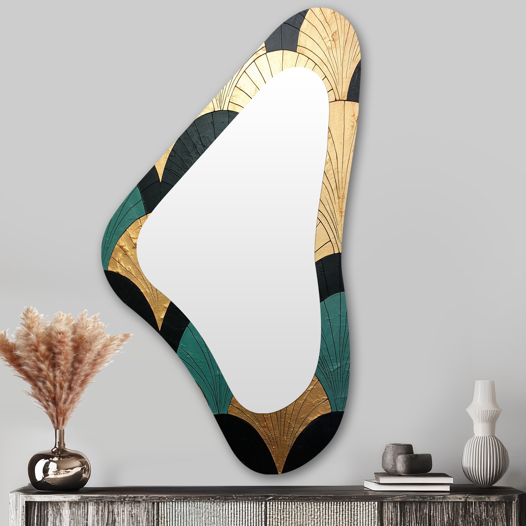 Designart - Emerald And Golden Arches - Abstract Shape Wall Mirror