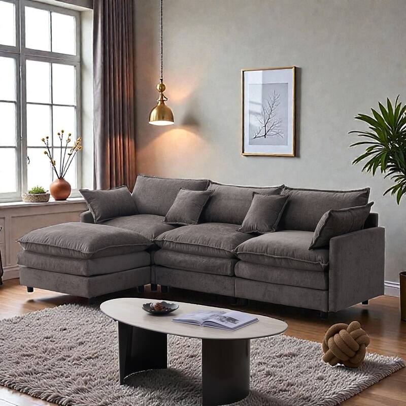 105" L-Shaped Modular Sectional Sofa with Ottoman, Soft Chenille Upholstery, 3-Seater Couch