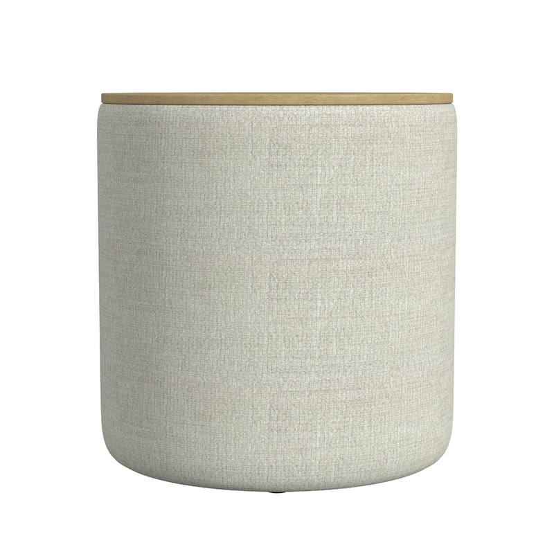 Mesy Storage Ottoman, Brown 19 Inch Round Tray Top, Gray Woven Fabric