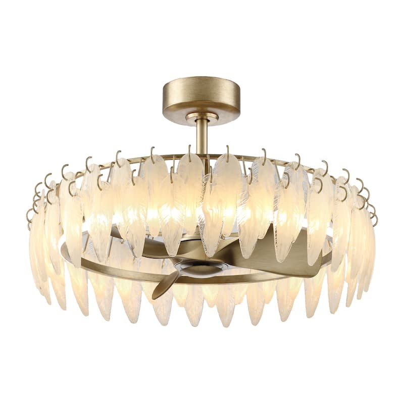 32" Rusted Silver Glass Feather 3-Blade Fandelier Caged Ceiling Fan with Light and Remote