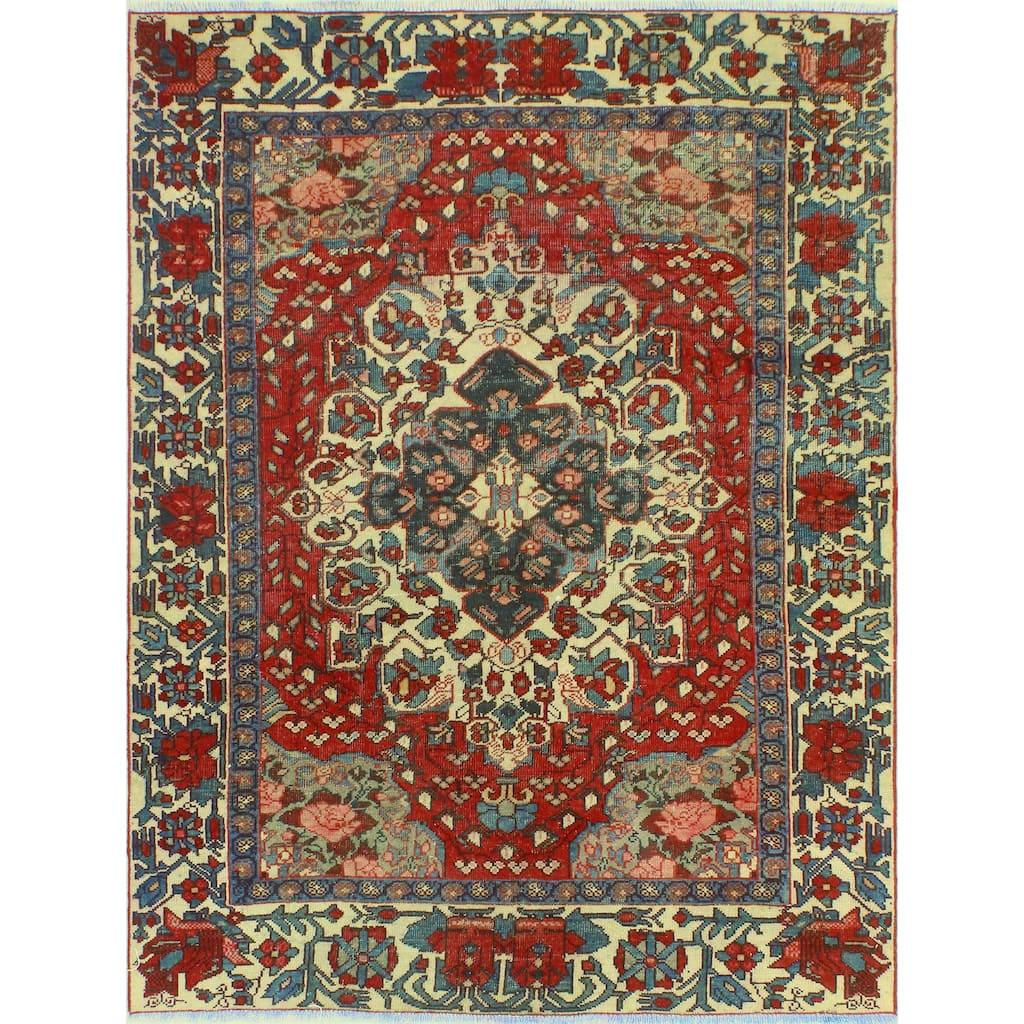 Noori Rug Fine Vintage Bakhtiari Taran Red/Ivory Rug - 4'11" x 6'5"