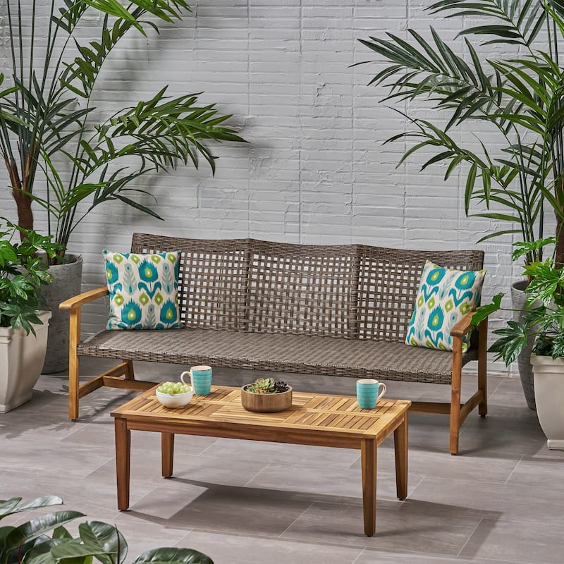 Hampton Outdoor Wood and Wicker Sofa and Coffee Table Set by Christopher Knight Home - Mixed Mocha, Natural Finish