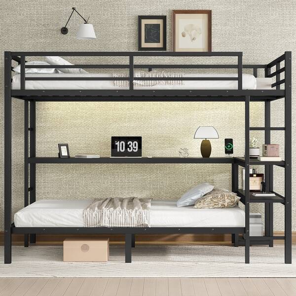 slide 2 of 13, Full Over Twin Bunk Bed with L-shaped Desk, LED Lights, USB Ports and Shelves, Black Metal Bed Frame with Ladders and Guardrail Black - Full