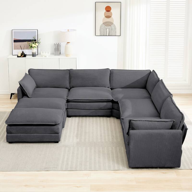 7-Seater Corduroy Sectional Sofa with 2 Removable Ottomans & Corner Seat, Soft & Comfortable - 5 Seats with 2 Ottoman