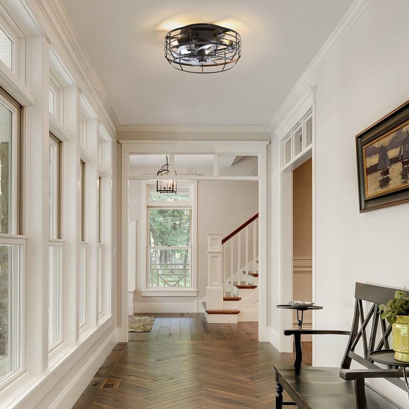 12" Low Profile Enclosed Cage Ceiling Fan with Light and Remote
