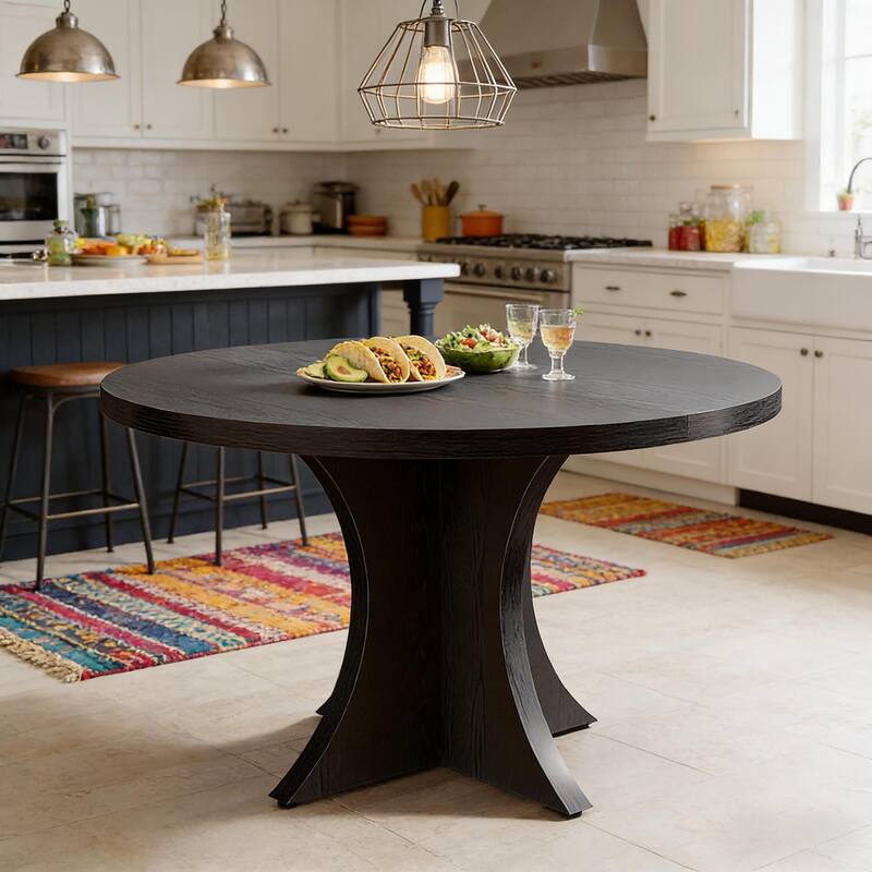 Round Dining Table Home Office Table for 4-6, Wood Coffee Table Kitchen Table with Thick Top & Crossed Base