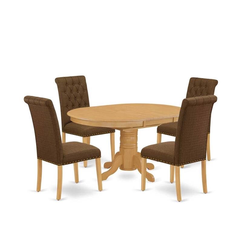 5-Piece Dinette Set - Oval Dining Table with Leaf & 4 Parsons Chairs - Oak Finish, Dark Coffee Fabric - 60