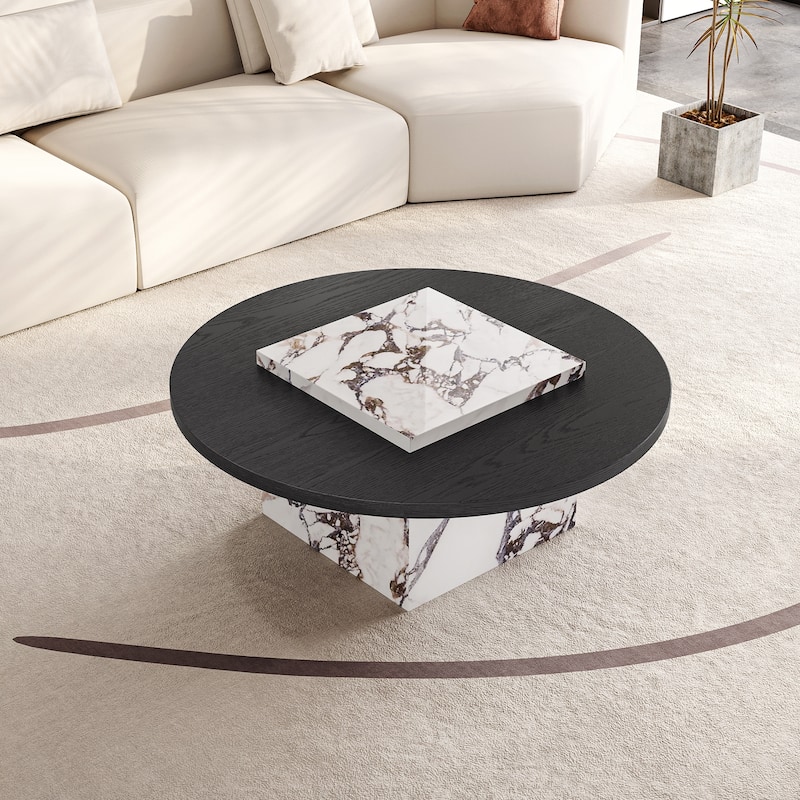 35.43" Round Solid Wood Coffee Table, with Glossy Square Faux Mable Table top