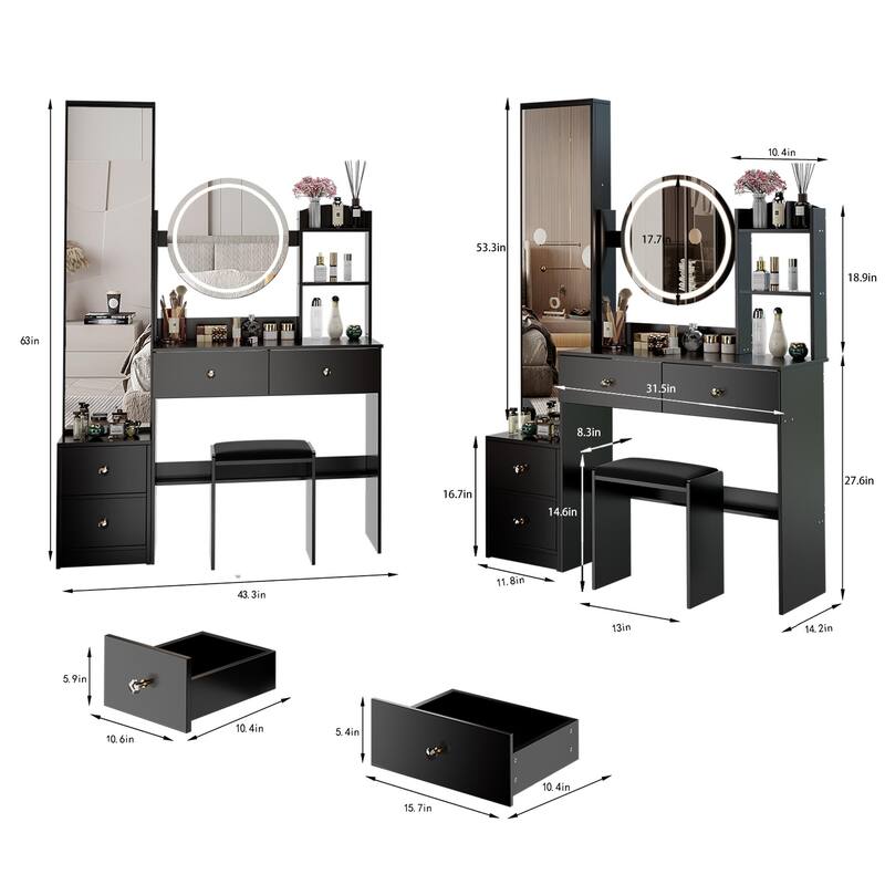 Full Body Mirror Cabinet + Round Mirror LED Vanity Table + Cushioned Stool, With 2 AC + 2 USB Power Station
