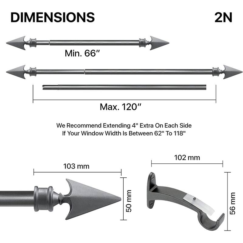 Deco Essential 3/4 Inch Curtain Rod for Windows & Doors Curtains Extendable Grey with Flat Arrow Finials & Brackets Set