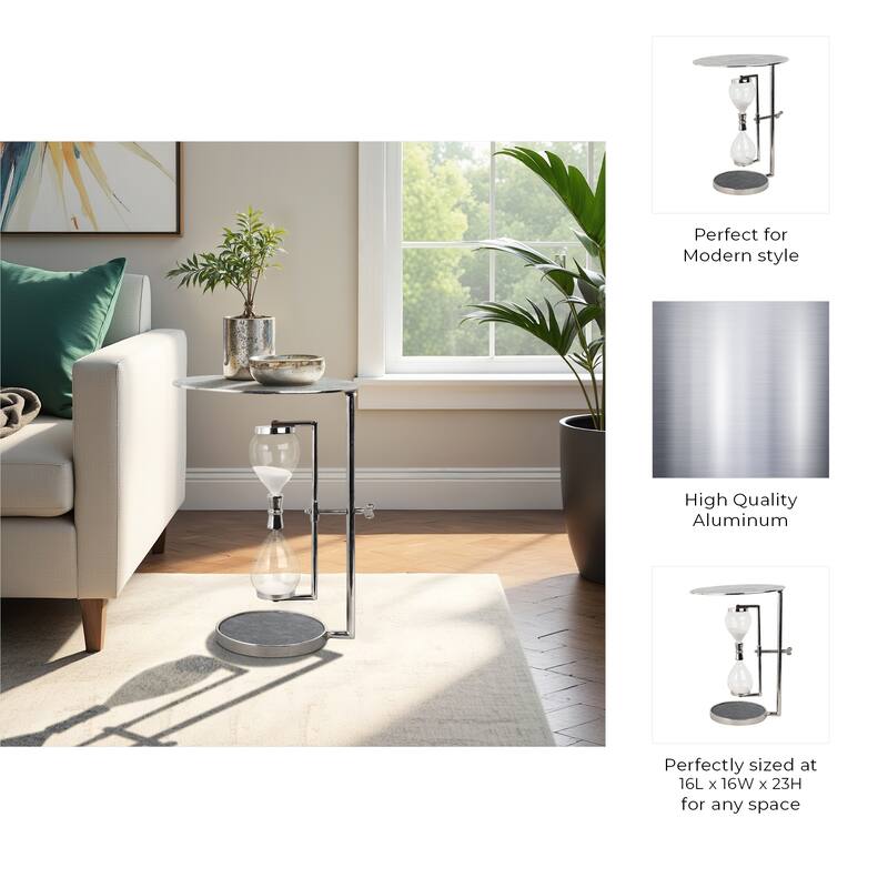 Metal Glass Accent Side Table Hourglass Base Round Design Home Decor - 16" x 16" x 23"