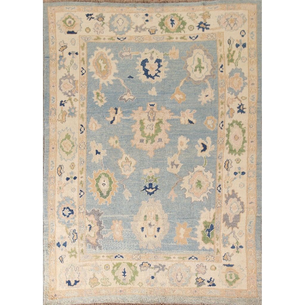 Blue Oushak Turkish Area Rug Hand-knotted Wool Carpet - 6'5"x 9'1"