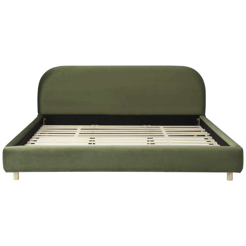 Velvet Upholstered King Size Platform Bed with Curved Headboard, Olive Green