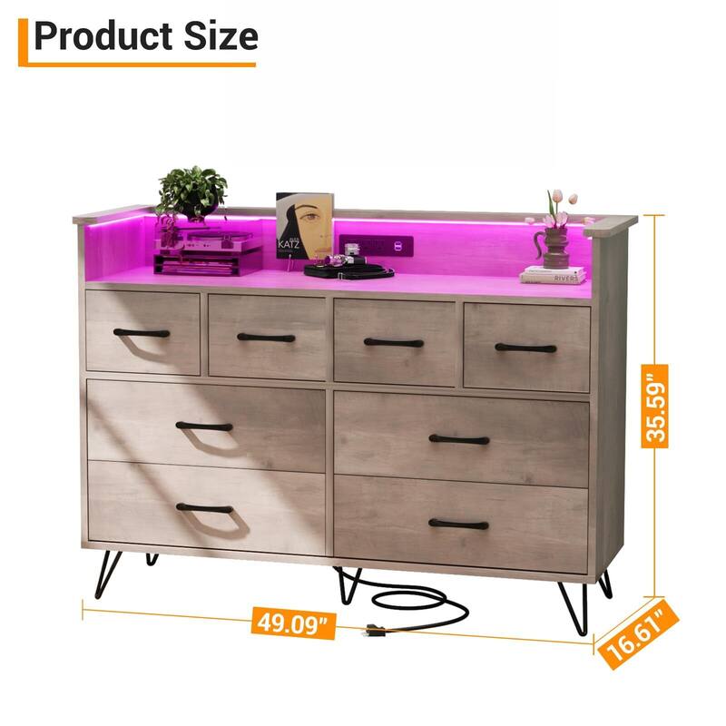 Tall Dresser for Bedroom with Charging Station & RGB Lights - 8 Drawer Wooden