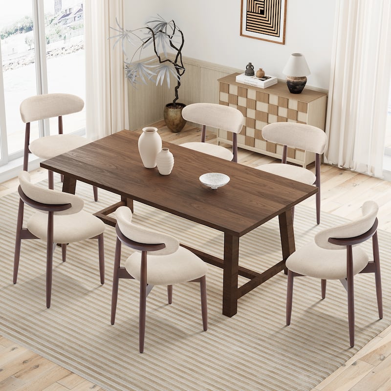 Modern Fabric Upholstered Kitchen Side Chairs, Farmhouse Dining Room Chair with Foot Pegs - set of 6 - Beige