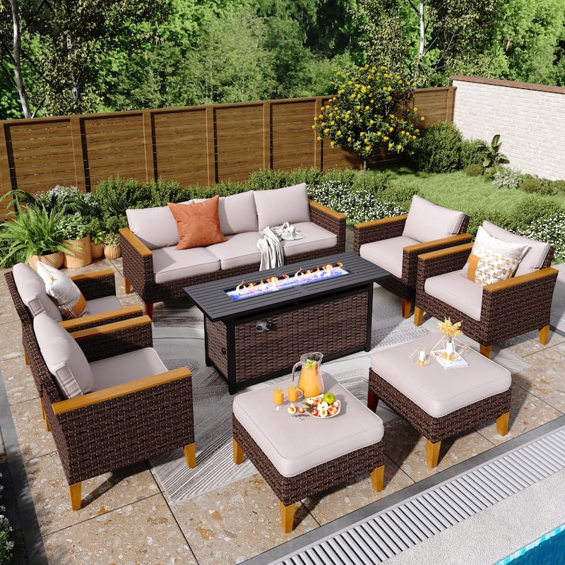 8-Piece Patio Outdoor Wicker Sectional Sofa Set, Large Seating Furniture Conversation Sets with Fire Pit Table - 9-Seat - Type O