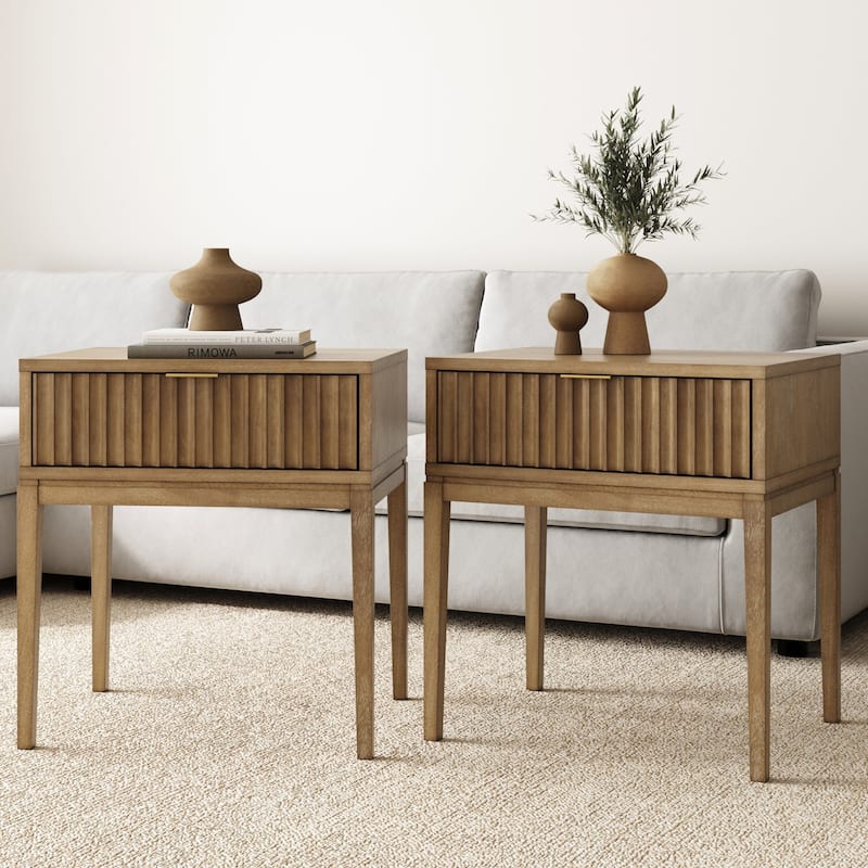 Jasper Mid-Century Modern Nighstand, Side Table with Storage and Fluted Drawer Doors with Brass Handles - Light Brown - Set of 2