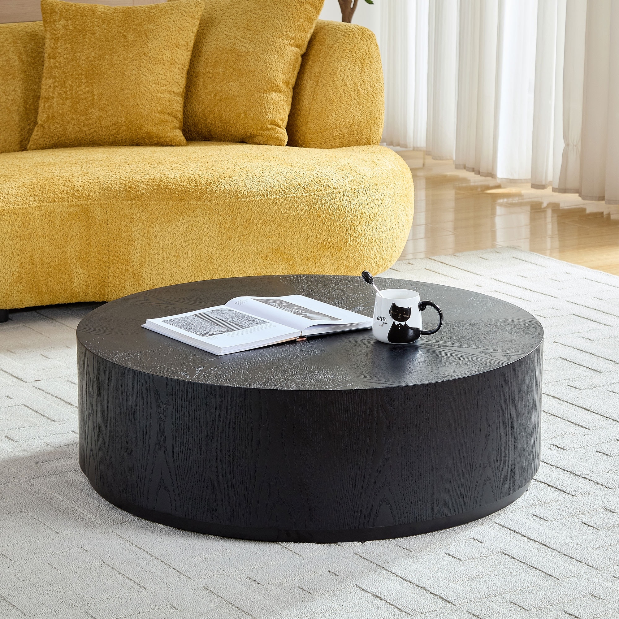 Hartwell Round Coffee Table MDF with Drum Pedestal Base by GDFStudio
