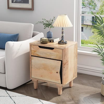 Solid Mango Wood Nightstand - Natural Finish with Drawer & Cabinet