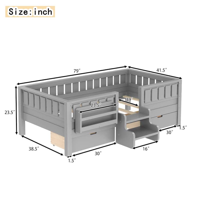 Multiple Colors Toddler Montessori Bed Children's Platform Bed with Low Profile Stairs, Built-in Bookshelf and Storage Drawers