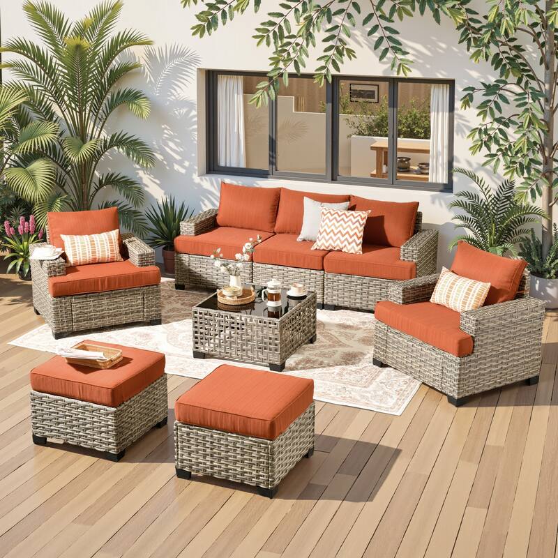 HOOOWOOO 8-piece Outdoor Wicker Patio Furniture Set with Coffee Table - Red/Orange