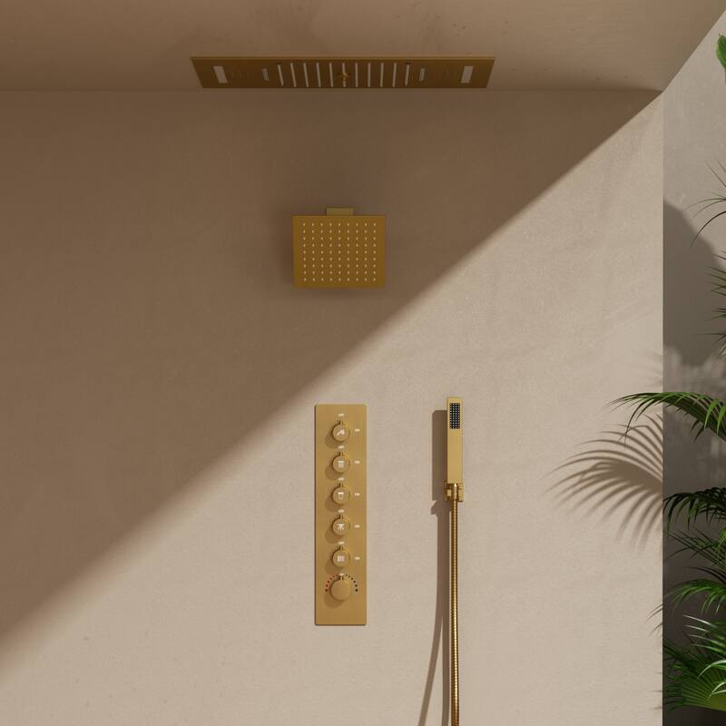 GRANDJOY Dual Shower Heads System with 3 Spray Modes 22"*15" Ceiling and 6" Wall Mount Body Jets Handheld Spray LED Music
