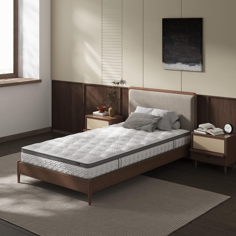 Roomfitters 8 Inch Twin Hybrid Mattress, Supportive Bonnell Spring and Foam Bed for Compact Spaces, Fiberglass Free, Grey+White