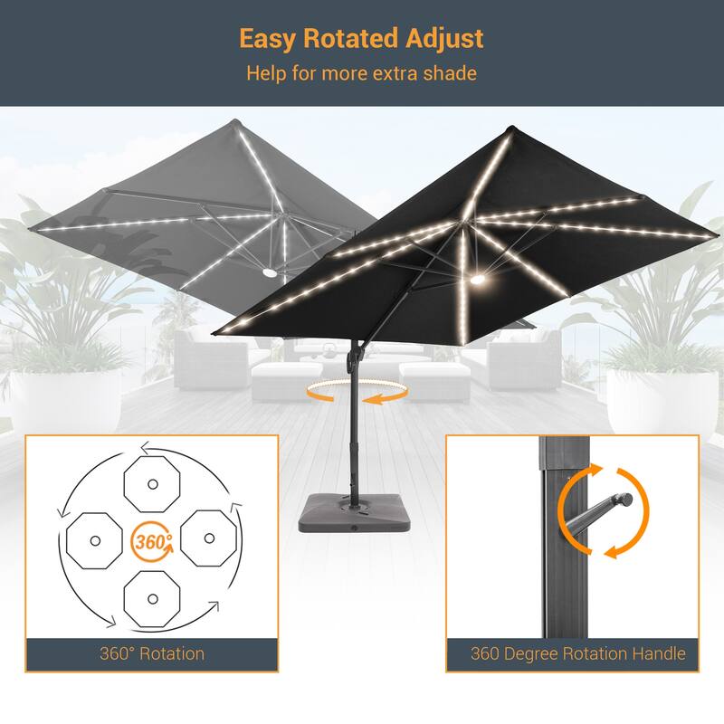 LIVOOSUN Patio10x10FT LED Aluminum Cantilever Umbrella Solution-Dyed Fabric w/Base