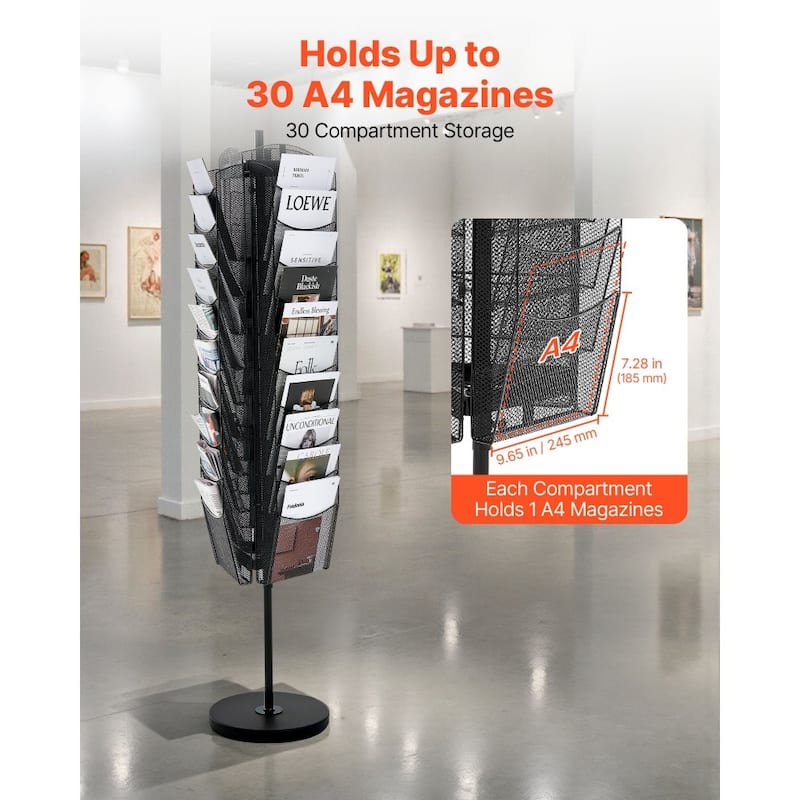 30-Tier Rotating Metal Magazine Display Rack 360° Swivel Literature Stand for Brochures, A4 Documents & Catalogs