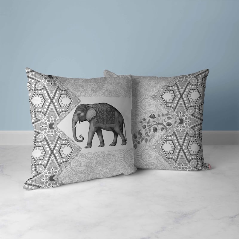 Grey And Black Floraphant Faux Suede Throw Pillow Zipper