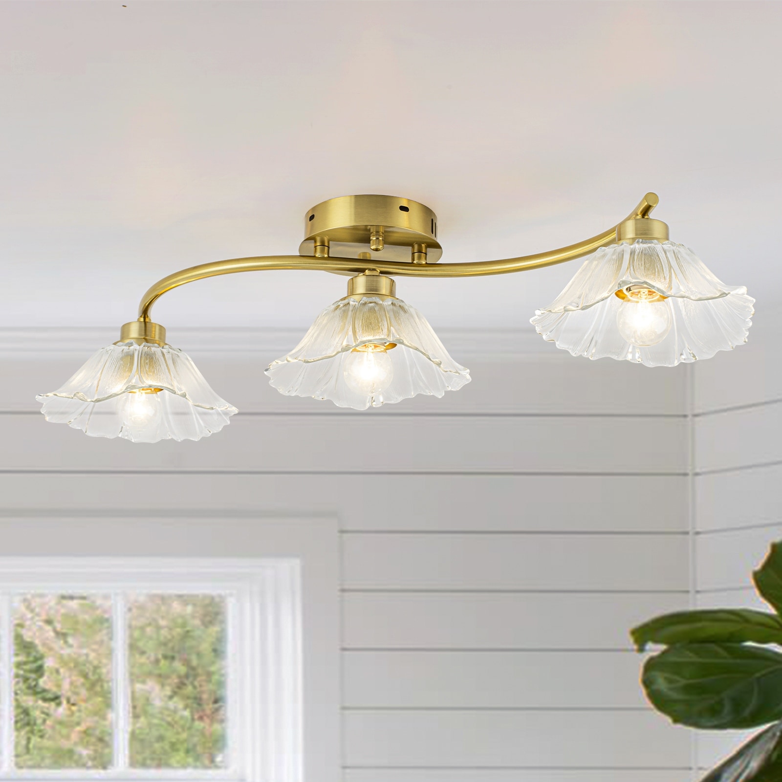 3-Light Gold Linear Flush Mount Ruffled Lotus Leaf Clear Glass Shades - W27.56 inch