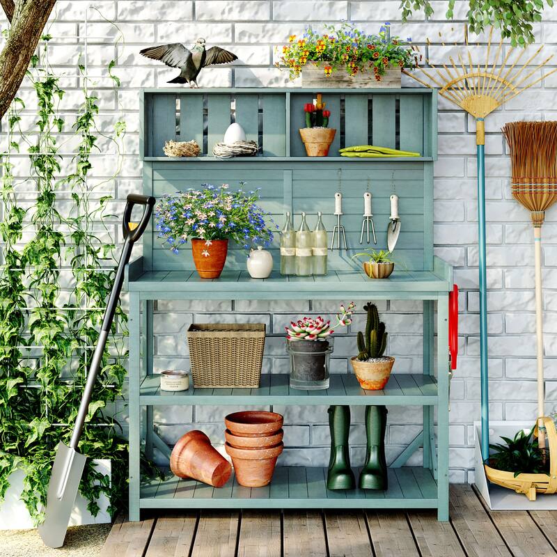 65" Large Wooden Rustic Outdoor Potting Bench Table, Patio Workstation,Garden Potting Bench with 4 Storage Shelves and Side Hook