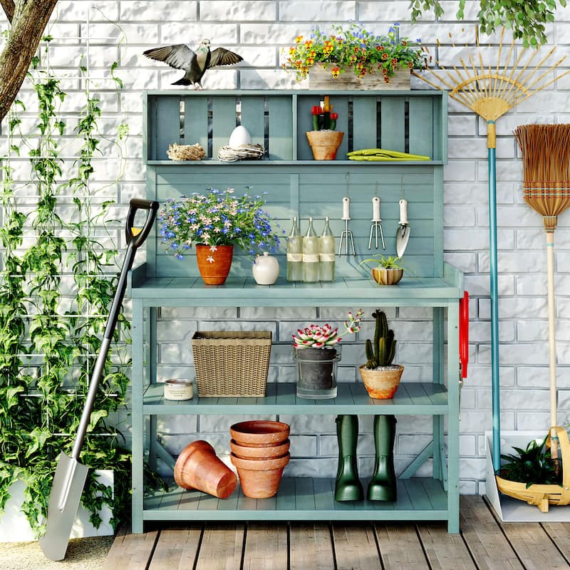 TOPMAX Solid Wood Farmhouse Outdoor Potting Bench with Storage and Side Hook