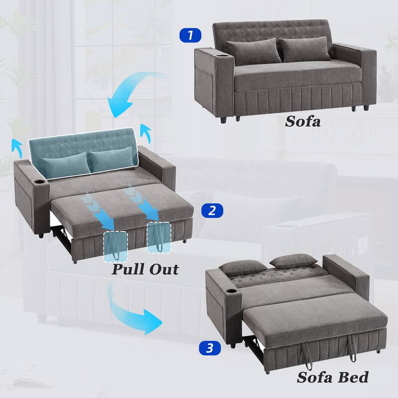 Chenille Pull-out Sofa Bed Convertible Couch, Loveseat Sofa with Adjustable Backrest, Storage Rack, Cup Holders, USB Ports