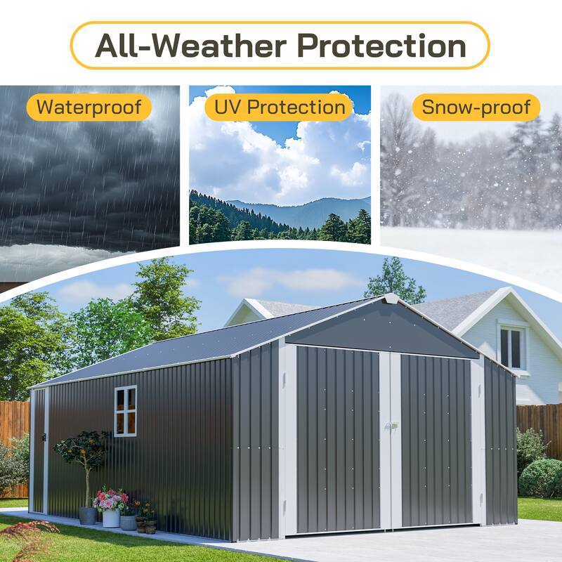 GDFStudio - Cassandra Large Outdoor Metal Storage Shed with Lockable Doors for Secure Vehicle and Equipment Storage