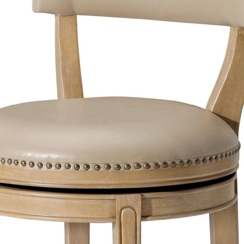 HomeRoots 26" Beige and Natural Faux Leather and Solid Wood Low Back Counter Height Swivel Bar Chair