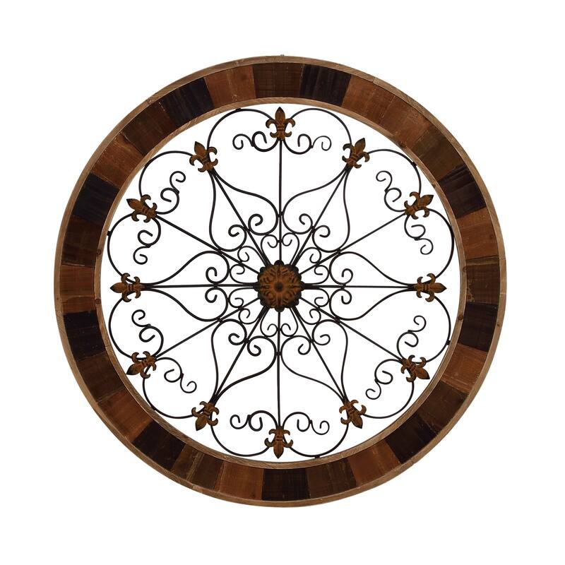Brown Wood Medallion Scroll Home Wall Decor with Metal Fleur-De-Lis Detail