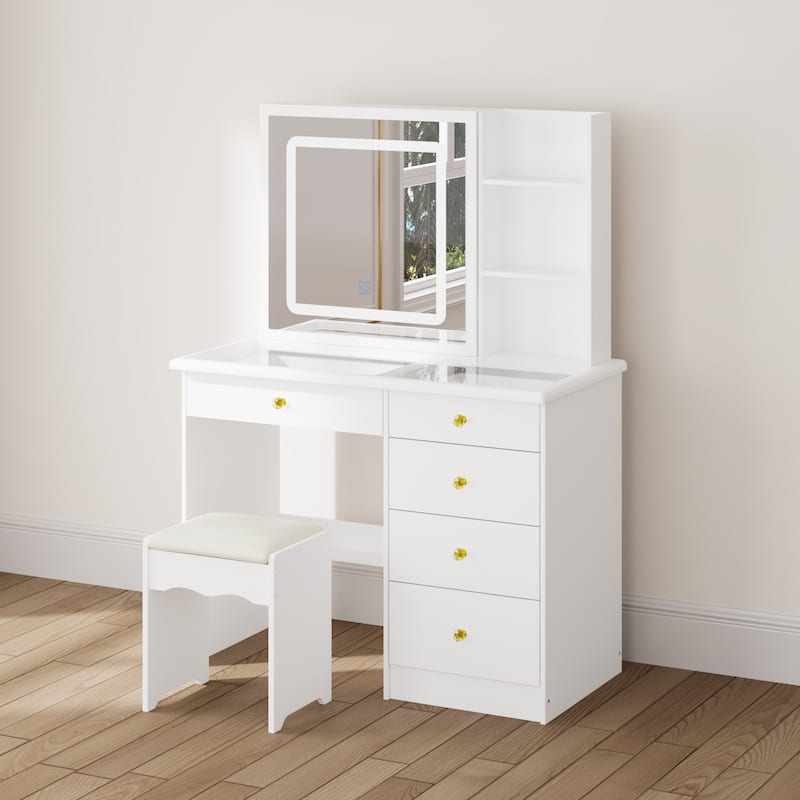 Glass Top Vanity Set with Sliding Mirror and LED Lights Dressing Table - 39.4"W